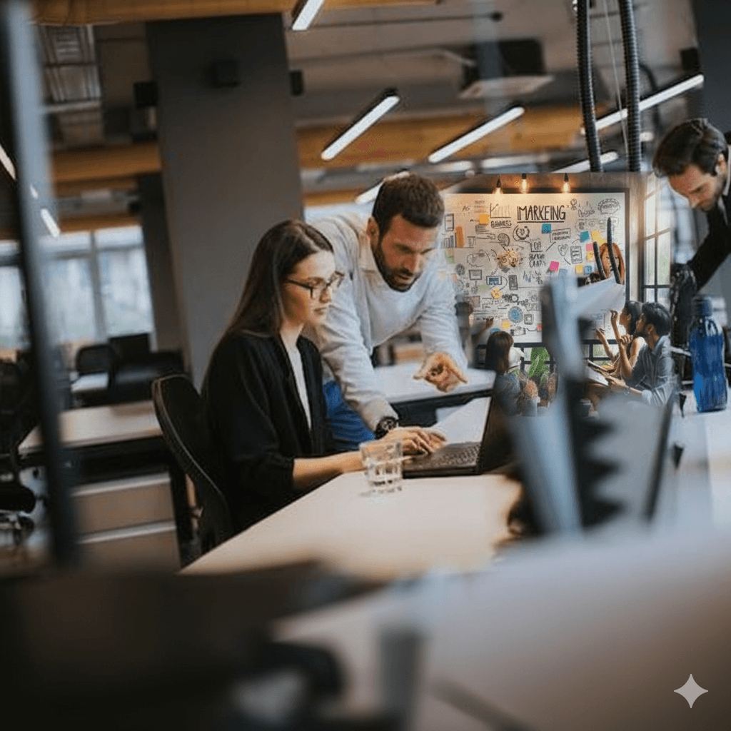Team of digital marketing professionals discussing strategy around a laptop in a modern office environment.