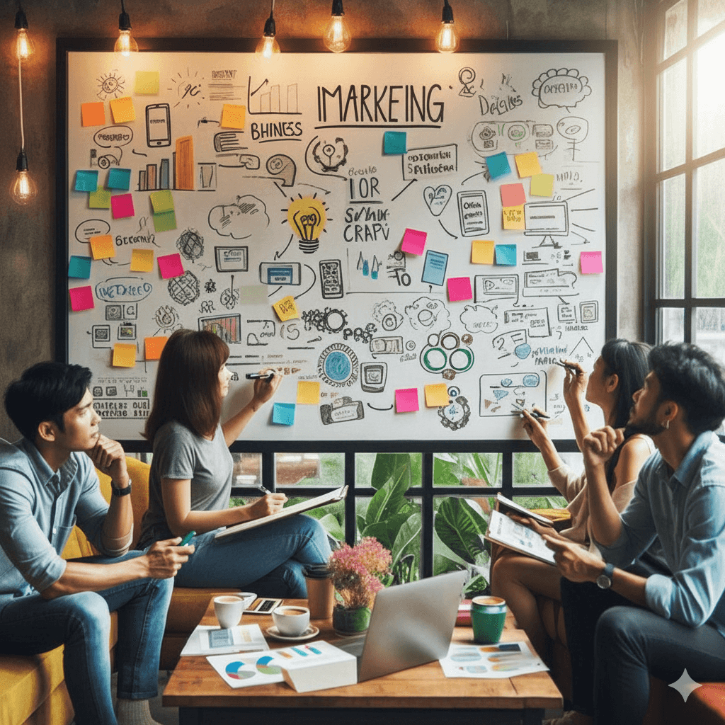 Team of young marketers brainstorming creative digital marketing ideas on a whiteboard filled with strategy notes and sticky notes.